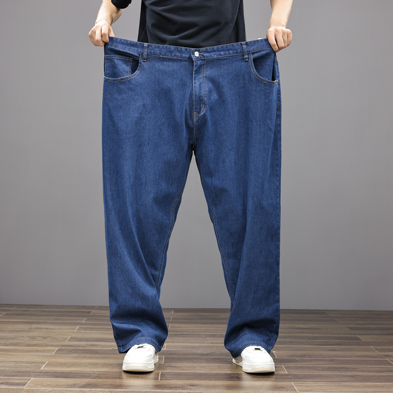 Plus size muške traperice od denima, opušteni ravni kroj, jednobojne, visok pojas, svakodnevno nošenje