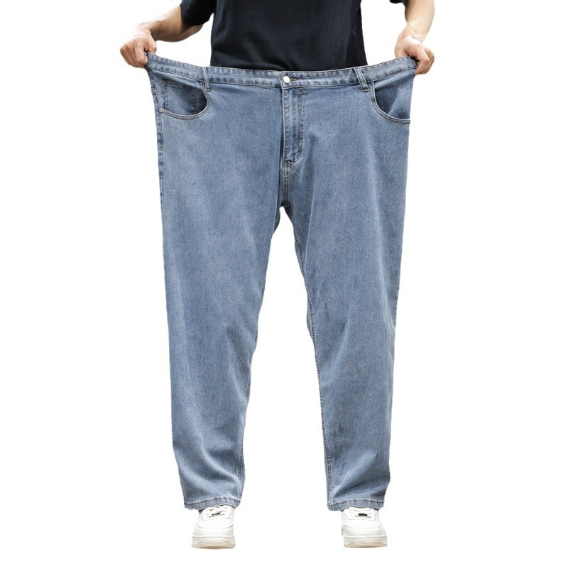 Plus size muške traperice od denima, opušteni ravni kroj, jednobojne, visok pojas, svakodnevno nošenje