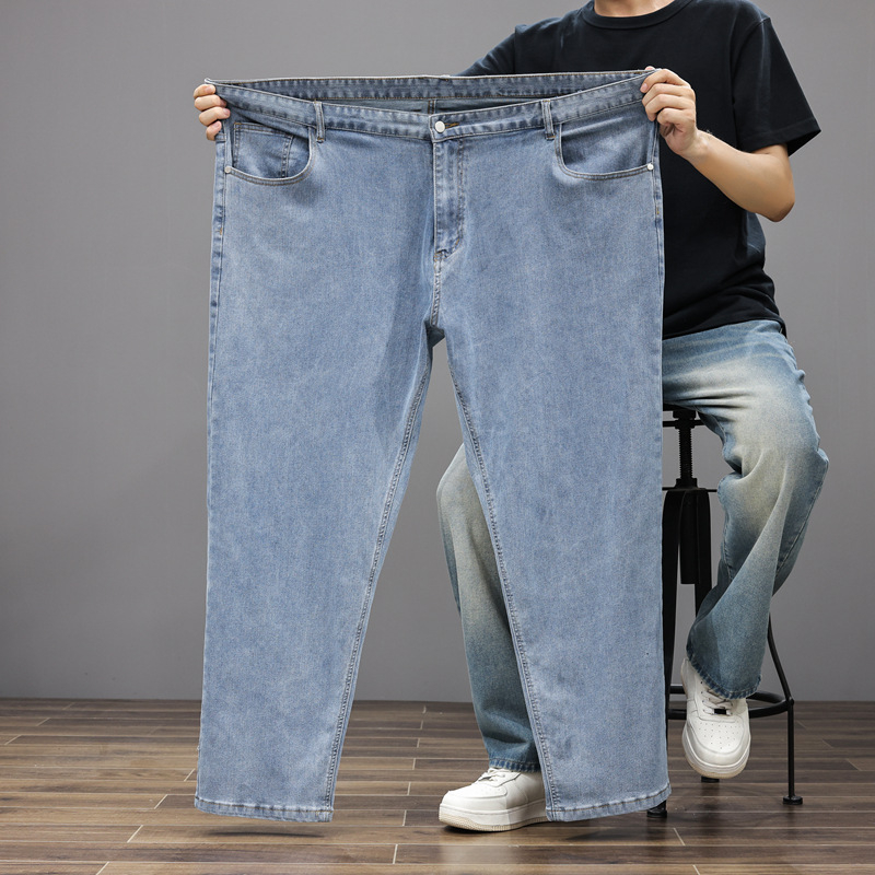 Plus size muške traperice od denima, opušteni ravni kroj, jednobojne, visok pojas, svakodnevno nošenje