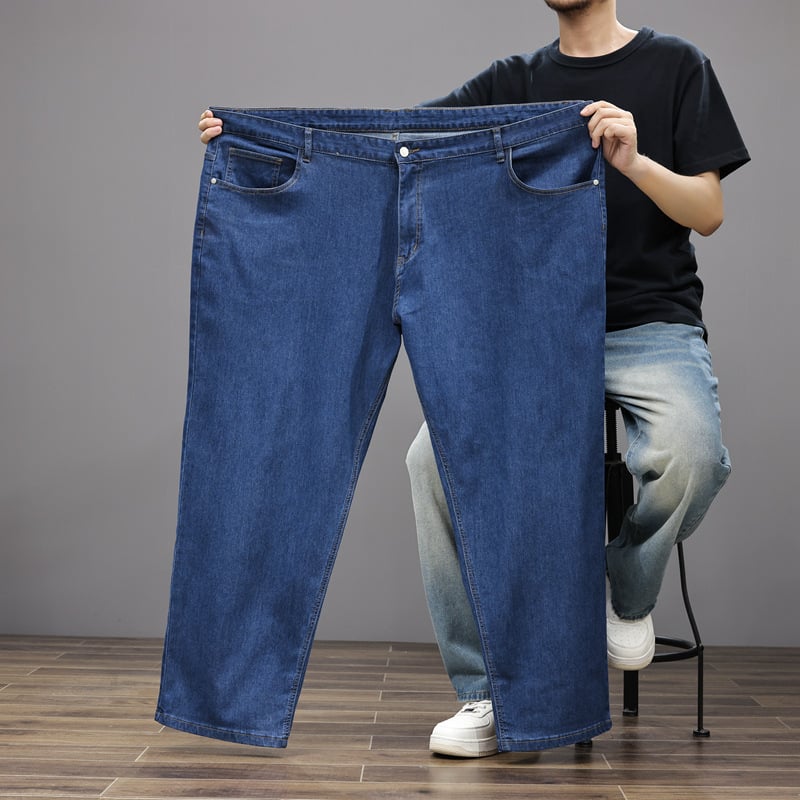 Plus size muške traperice od denima, opušteni ravni kroj, jednobojne, visok pojas, svakodnevno nošenje