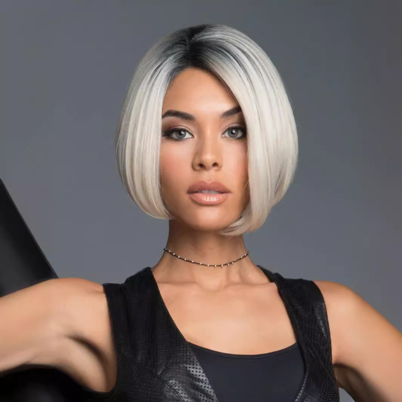 Парик с къса права коса, модел 3620, влакна с висока температура, дълги челки, подходящ за дами, може да се боядисва с топлина