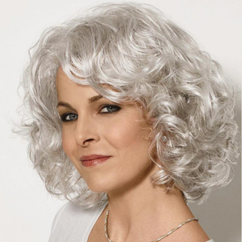 Перука за дами, къса къдрава прическа, сива, термоустойчиви влакна, модел 22405, процес на обработка: механизъм, може да се пермва или боядисва