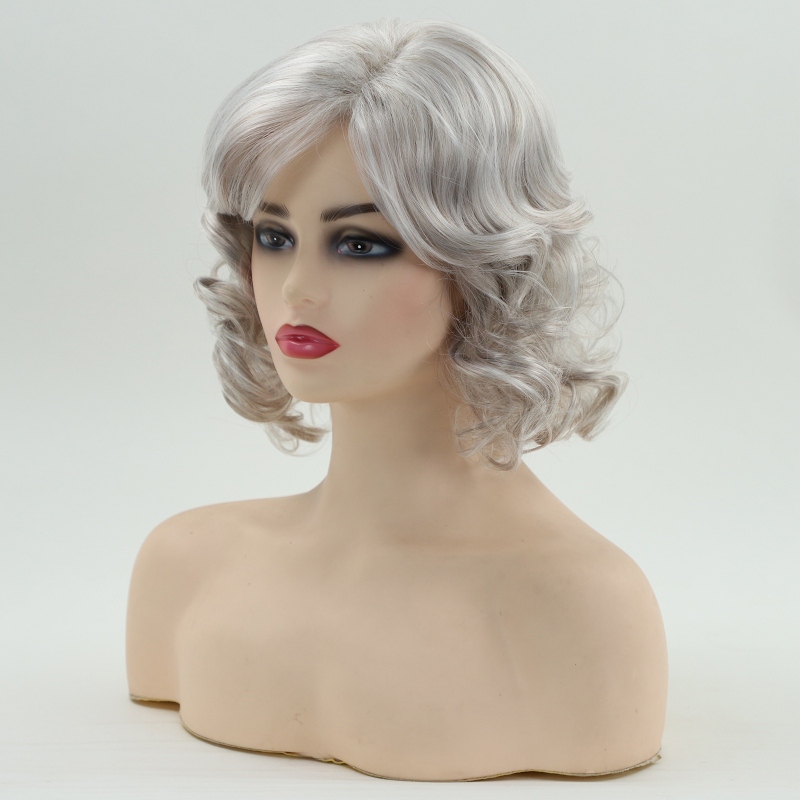 Перука за дами, къса къдрава прическа, сива, термоустойчиви влакна, модел 22405, процес на обработка: механизъм, може да се пермва или боядисва