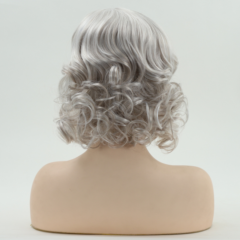 Перука за дами, къса къдрава прическа, сива, термоустойчиви влакна, модел 22405, процес на обработка: механизъм, може да се пермва или боядисва