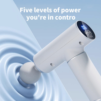 Fascia masažni pištolj — prijenosni, bezkontaktan motor, LCD zaslon, 6 nastavaka za masažu, ugrađena baterija, autonomija 3–6 sati, niski zvuk 36–45 dB