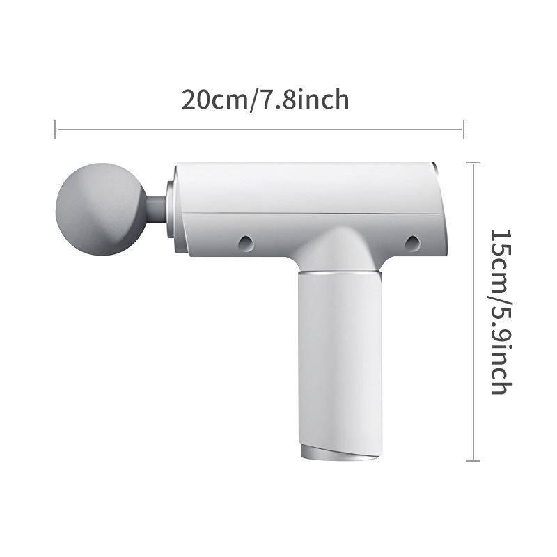Fascia masažni pištolj — prijenosni, bezkontaktan motor, LCD zaslon, 6 nastavaka za masažu, ugrađena baterija, autonomija 3–6 sati, niski zvuk 36–45 dB