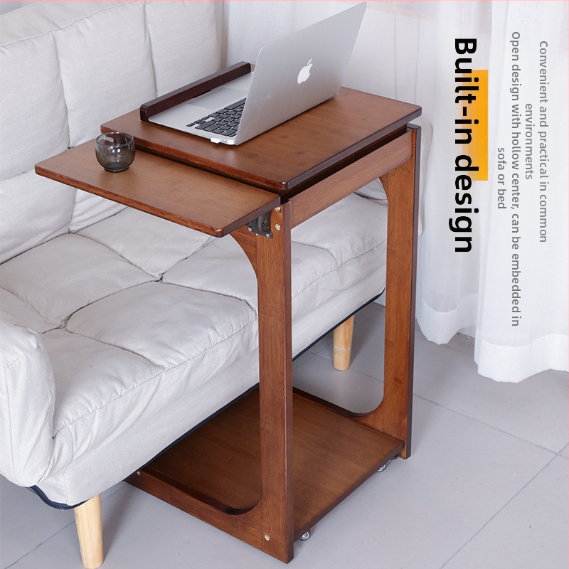 C-образна подвижна странична маса от бамбук — модерен минималистичен дизайн, дървена рамка, плот от твърдо дърво, разглобяема, подходяща за хол и спалня