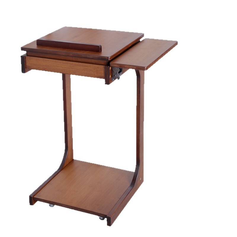 C-образна подвижна странична маса от бамбук — модерен минималистичен дизайн, дървена рамка, плот от твърдо дърво, разглобяема, подходяща за хол и спалня