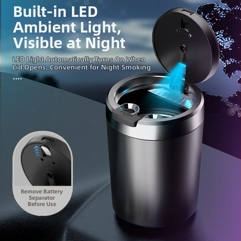 Автомобилен пепелник с подсветка, отваряне с едно докосване, преносим, универсален модел; материал: пластмаса; производство: инжекционно формоване; тегло: 0.2