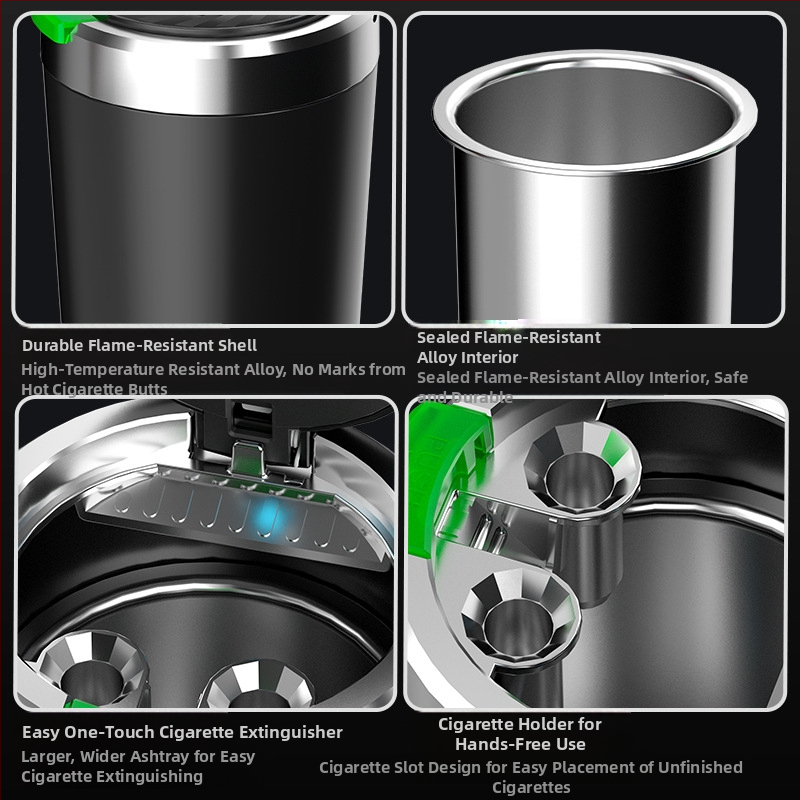 Автомобилен пепелник с подсветка, отваряне с едно докосване, преносим, универсален модел; материал: пластмаса; производство: инжекционно формоване; тегло: 0.2