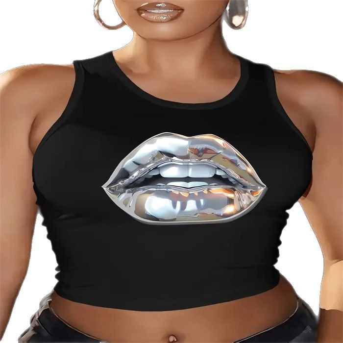 Crop top s halterom, bez rukava, s printom slova, poliester