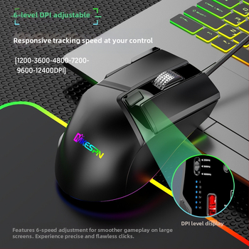 Кабелна гейминг мишка, DPI 12400, USB интерфейс, 10 бутона, 6-степенна регулируема резолюция