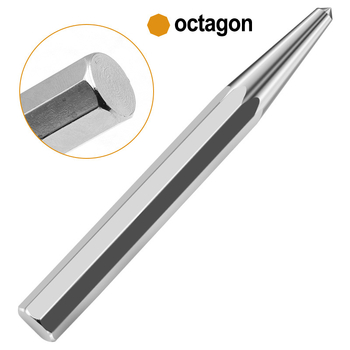 Nyolcszögletű pozícionáló ütő középpontos hegylével, acél fogantyú, 118 mm hosszú