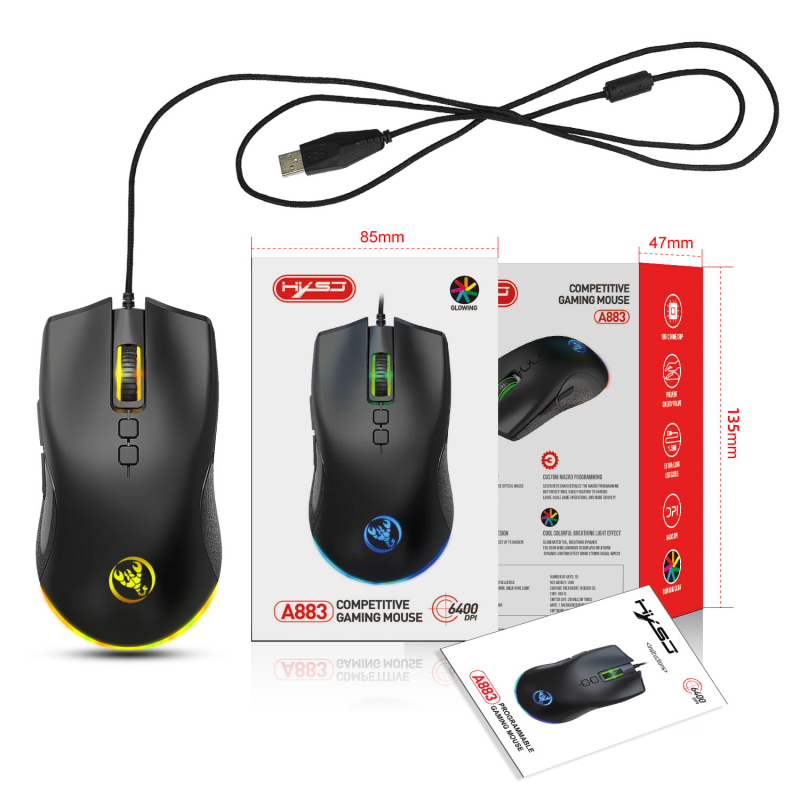 Оптичен кабелен гейминг мишка, 7 програмируеми бутони, 6400 DPI, поддръжка на макро програмиране, ергономичен дизайн