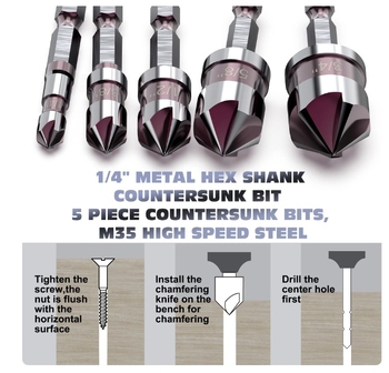 Комплект от 5 бр. фрези за chamfer и countersink с 82° шестигранен държач и петостранни режещи върхове