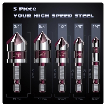 Комплект от 5 бр. фрези за chamfer и countersink с 82° шестигранен държач и петостранни режещи върхове