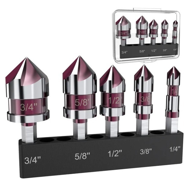 Комплект от 5 бр. фрези за chamfer и countersink с 82° шестигранен държач и петостранни режещи върхове