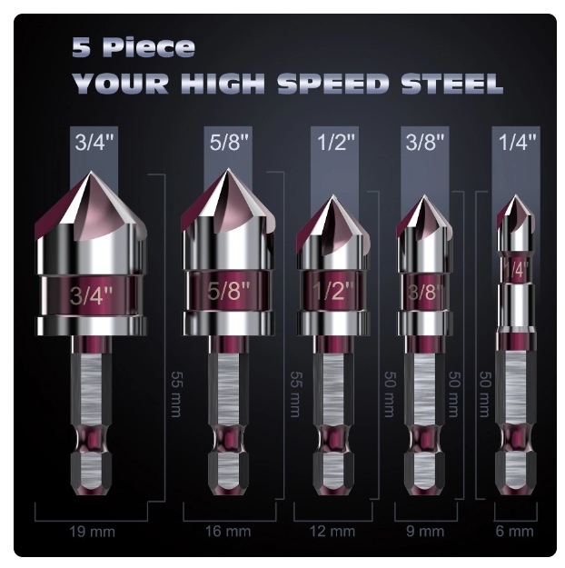 Комплект от 5 бр. фрези за chamfer и countersink с 82° шестигранен държач и петостранни режещи върхове