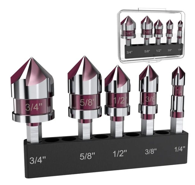 Комплект от 5 бр. фрези за chamfer и countersink с 82° шестигранен държач и петостранни режещи върхове