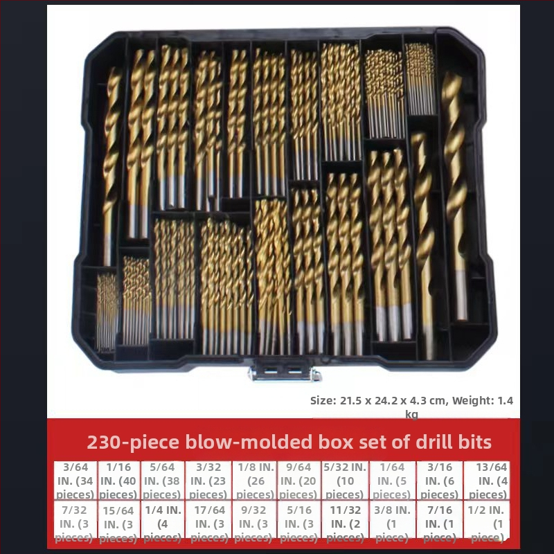 230 броя титаново покрити винтови свредла с прав хвостовик за дървообработване, в пластмасова кутия