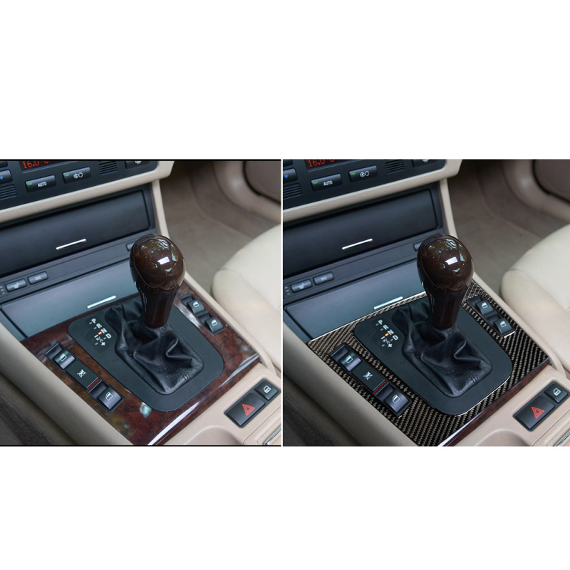 BMW E46 3. sērijas oglekļa šķiedras dekoratīvā vāciņa komplekts pārslēdzējam un stāvbremzei ar centrālās konsores rāmi — Modelis RRX-101608