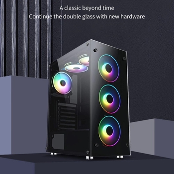 ATX asztali számítógép ház gaminghez, dupla edzett üveggel, ITX kompatibilitás, USB 3.0 az elején, alsó tápegység, függőleges szerver-stílus