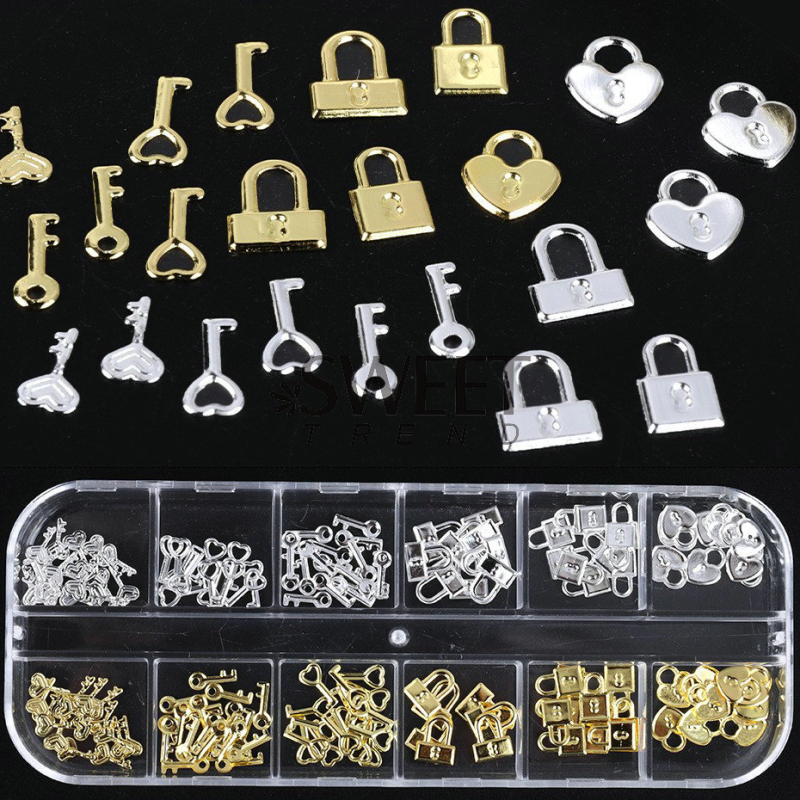 Αξεσουάρ νυχιών — σειρά Love Lock, μεταλλικό κενό σχήμα καρδιάς με κλειδί, μοτίβο αγάπης και αλυσίδας, ρετρό και γλυκό στυλ.