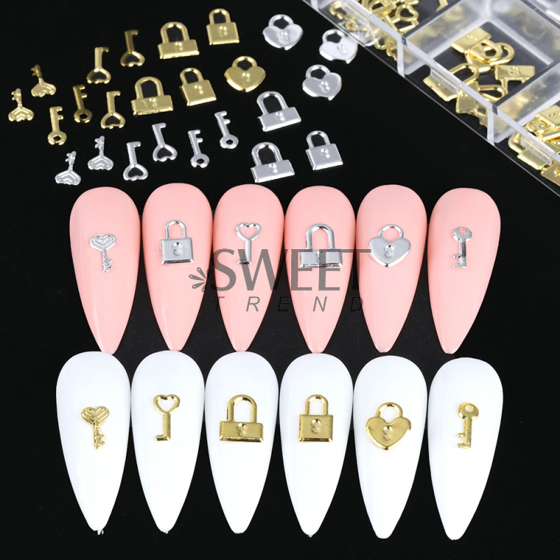 Αξεσουάρ νυχιών — σειρά Love Lock, μεταλλικό κενό σχήμα καρδιάς με κλειδί, μοτίβο αγάπης και αλυσίδας, ρετρό και γλυκό στυλ.