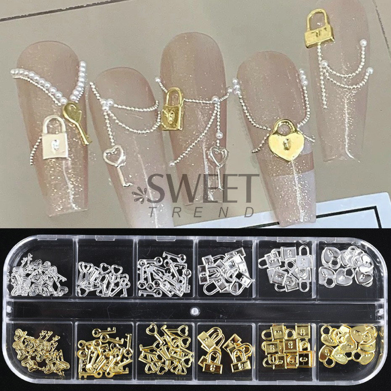 Αξεσουάρ νυχιών — σειρά Love Lock, μεταλλικό κενό σχήμα καρδιάς με κλειδί, μοτίβο αγάπης και αλυσίδας, ρετρό και γλυκό στυλ.