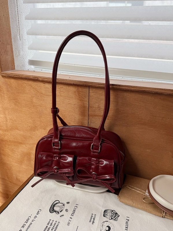 Karácsonyi masnival díszített válltáska, PU bőr, Boston-stílus, vízszintes négyszögletes forma, cipzáras zárás