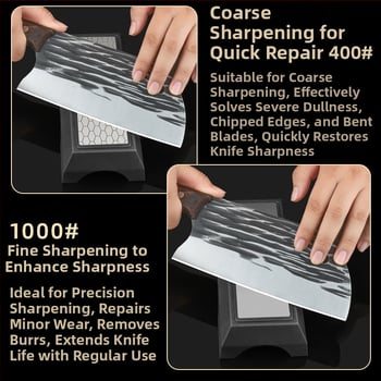 Dviejų pusių šlifavimo akmuo virtuvės peiliams, 400/1000 grūdų, su pagrindu, iš aukštos anglies plieno