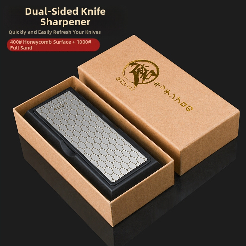 Dviejų pusių šlifavimo akmuo virtuvės peiliams, 400/1000 grūdų, su pagrindu, iš aukštos anglies plieno