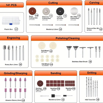 Elektriskā slīpmašīnas piederumu komplekts, 141 daļa: slīpēšanas galviņas, griešanas detaļas, vilnas pulēšanas riteņi, sukas, abrazīvās gredzeni; Yibida, Modelis 11, augstas izturības tērauds