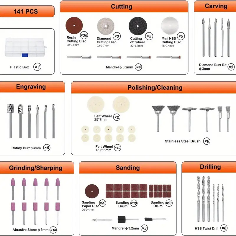 Elektriskā slīpmašīnas piederumu komplekts, 141 daļa: slīpēšanas galviņas, griešanas detaļas, vilnas pulēšanas riteņi, sukas, abrazīvās gredzeni; Yibida, Modelis 11, augstas izturības tērauds