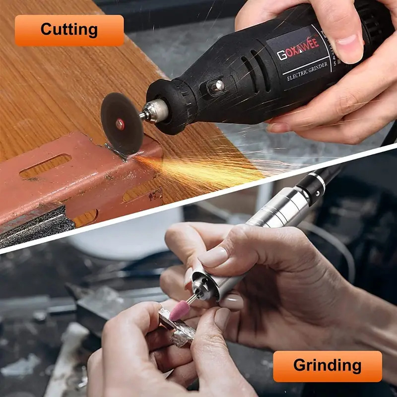 Elektriskā slīpmašīnas piederumu komplekts, 141 daļa: slīpēšanas galviņas, griešanas detaļas, vilnas pulēšanas riteņi, sukas, abrazīvās gredzeni; Yibida, Modelis 11, augstas izturības tērauds