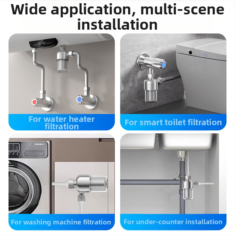 Priešfiltras vandens šildytuvui – namų naudojimui; nerūdijančio plieno filtras; dviejų pakopų filtravimas; keičiamas filtravimo elementas; dieninis našumas 3000 L; temperatūros diapazonas 1–65°C