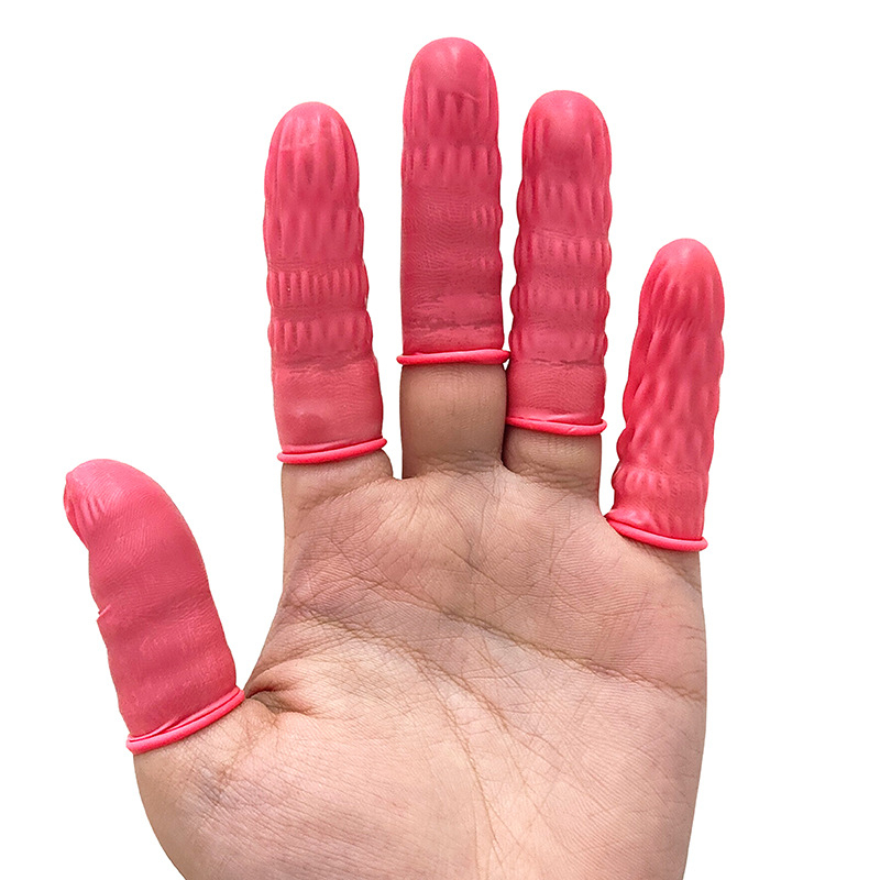 Vienkartiniai latekso piršto dangteliai, be miltelių, antistatikiniai; 500 g pakuotė (apie 900 vnt.); tinkama mikro-digitalinei, puslaidininkinei, fotoelektrinei ir PCB gamybai