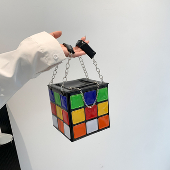 Női PU táska doboz alakú, cipzárral, belső szövet: szintetikus bőr, dupla fogantyú, nyári 2023 kiadás, kubikus 3D dizájn