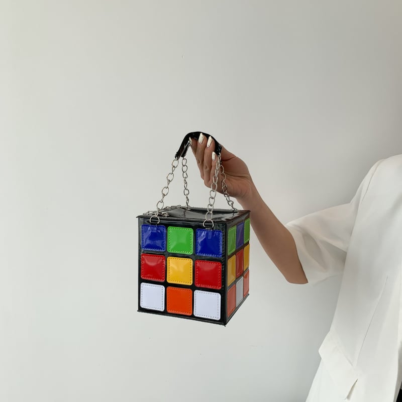 Női PU táska doboz alakú, cipzárral, belső szövet: szintetikus bőr, dupla fogantyú, nyári 2023 kiadás, kubikus 3D dizájn