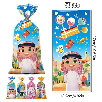 50 vnt. OPP plokščių saldumynų maišelių su karikatūriniais arabų personažais, spausdinta plastika, su auksine kaspine