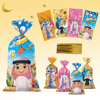 50 vnt. OPP plokščių saldumynų maišelių su karikatūriniais arabų personažais, spausdinta plastika, su auksine kaspine