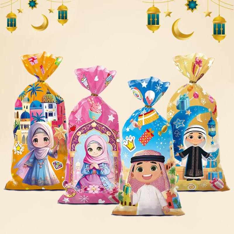 50 vnt. OPP plokščių saldumynų maišelių su karikatūriniais arabų personažais, spausdinta plastika, su auksine kaspine