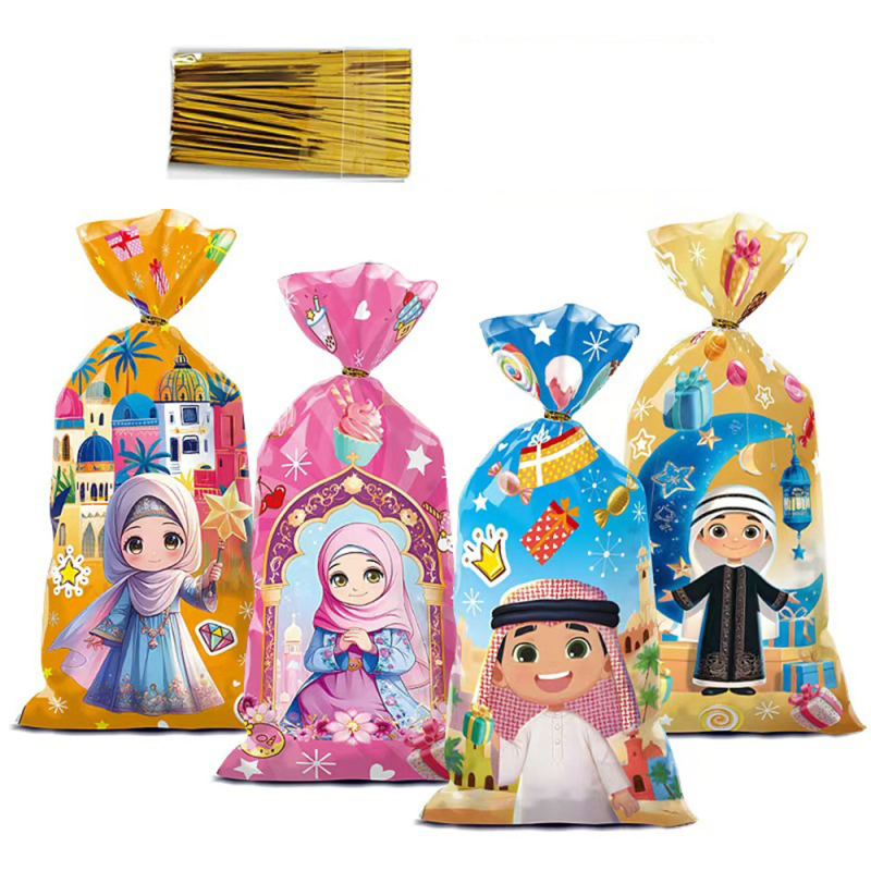 50 vnt. OPP plokščių saldumynų maišelių su karikatūriniais arabų personažais, spausdinta plastika, su auksine kaspine