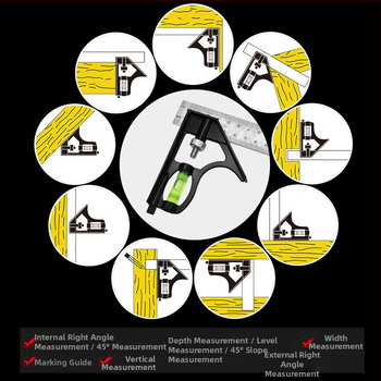 Συνδυασμένος μετρητής γωνίας, εμβέλεια μέτρησης 0–300 mm, 45° ορθογώνιος γωνία, για ξυλουργική, βάρος 136 g