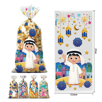 Бонбонени подаръчни торбички, 50 броя, OPP плоски торбички, печатани, четири дизайна, панделка включена