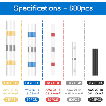 Σετ τερματικών συγκόλλησης με αδιάβροχους δακτυλίους και σωληνάκια θερμοσυσρρύκνωσης μεσαίου τύπου, 600 τεμάχια, PE μόνωση, Weijie