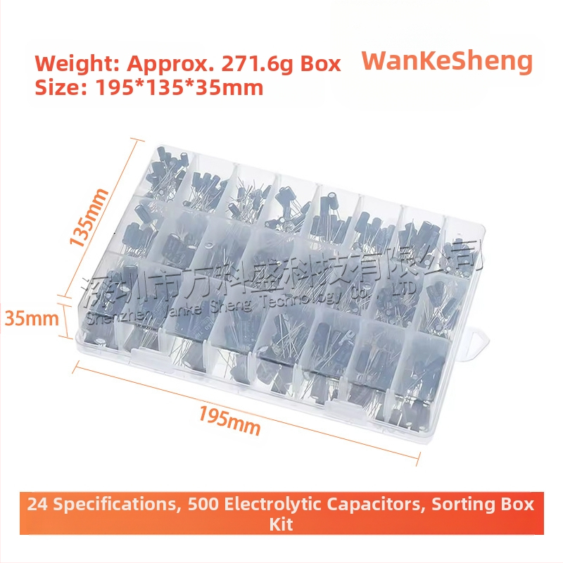 Комплект електролитни кондензатори с кутия за сортиране, 500 бр, 24 спецификации, диапазон 0.1-1000 µF