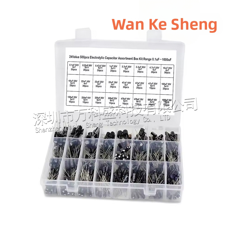 Комплект електролитни кондензатори с кутия за сортиране, 500 бр, 24 спецификации, диапазон 0.1-1000 µF