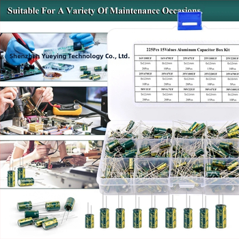 225 бр. комплект високочестотни алуминиеви електролитни кондензатори, 15 стойности на капацитета, разстояние между краищата 38.90 мм, опаковка: кутия