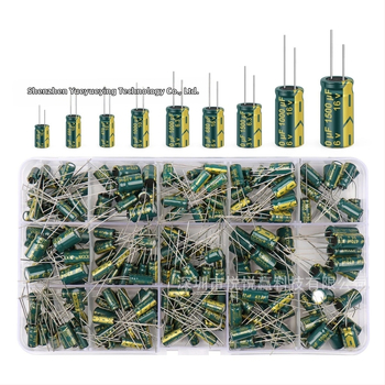 225 бр. комплект високочестотни алуминиеви електролитни кондензатори, 15 стойности на капацитета, разстояние между краищата 38.90 мм, опаковка: кутия